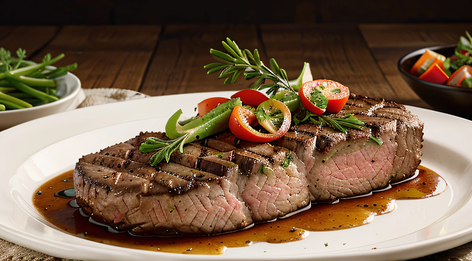 Prepared beef steak with vegetable decoration