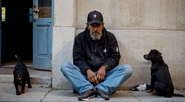 45 year old homeless man sitting in front of a church next to a dog