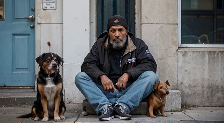 45 year old homeless man sitting in front of a church next to a dog