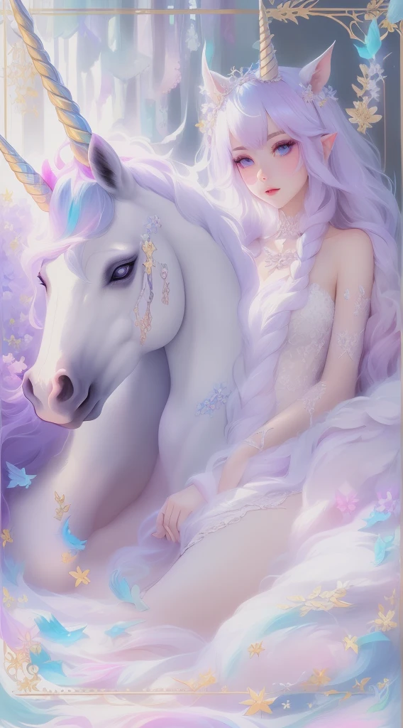 There is a white unicorn girl, blue mane and long mane, white unicorn, unicorn, unicorn horns, A unicorn, celestia, Nine stories, blue unicorn, soft dreamy, cinematic light《fangs》Unicorn in, mythological creatures, a mythical creature, Pokémon illustration, unicorns, a glaceon princess, Auroracore, ghostly iridescent, image good for rendering, laying in the bed, unicorn girl, full body.