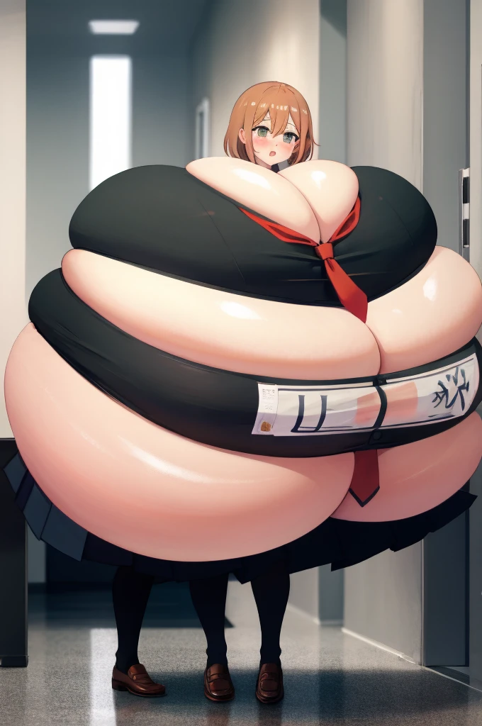 masterpiece, best quality, high contrast, professional photography, soft light, sharp focus, 1girl, hmochako, blush stickers, short hair, (giant breasts:1.6). school uniform, green skirt, pleated skirt, red necktie, black pantyhose, white shirt, long sleeves, grey jacket,beautiful brown eyes, cleavage, big breasts, sweating, blushing, heavy breathing,