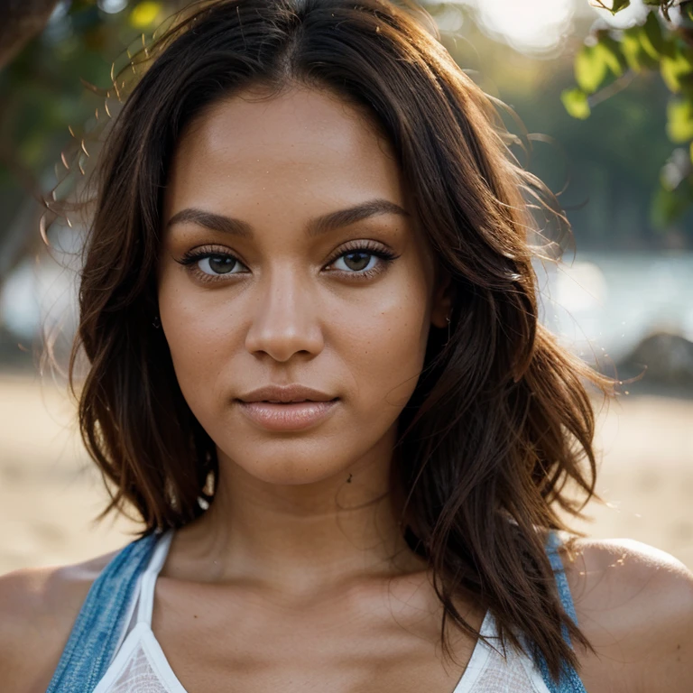 A photo realistic portrait of  a 30-year-old  woman - mixture of tyra banks  and Alicia Keys likeness- with short,  brand new dark bridal  hair style for 2023  and striking blue eyes . She should have a natural, approachable expression and be illuminated by strong, golden-hour sunlight. The background should be a scenic outdoor setting, a sunlit  on beach. Capture this image with a high-resolution photograph using an 85mm lens for a flattering perspective