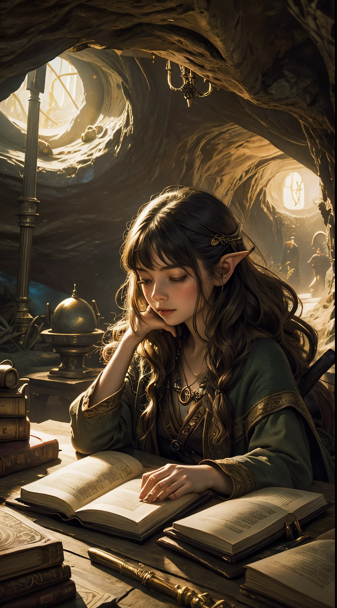 "Oil painting, ((dreamy)) girl reading ancient books, warm light ((inside a mystical hobbit cave)), magical atmosphere, whimsical clock, enchanting, cozy, detailed"