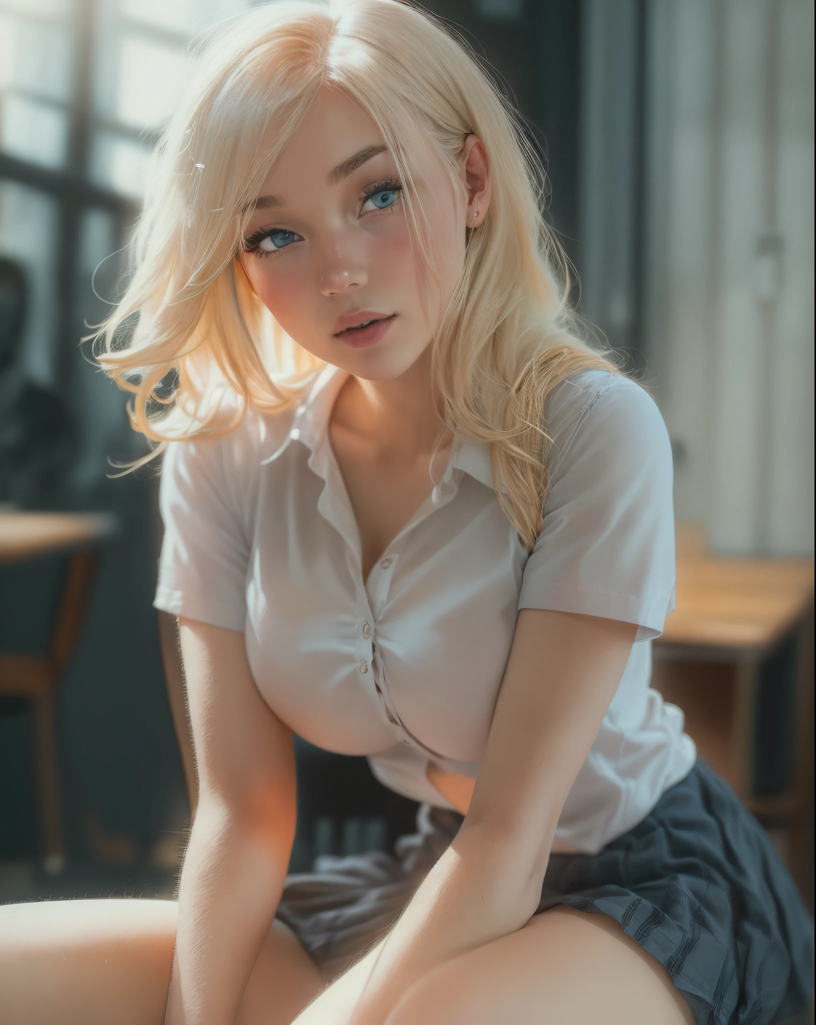 (masterpiece:1.2, best quality), (real picture, intricate details), (from behind:1), young girl bent forward, wide open legs, showing butt, porn, enjoying anal sex, penetrated by a penis, sucking penis, oral sex, long hair, minimal makeup, detailed face, smiling, really long light platinum blonde hair, long hair, bangs, green eyes, loose miniskirt, showing naked pussy, cropped shirt, white socks, showing pussy, naked pussy, sweaty, (3D)