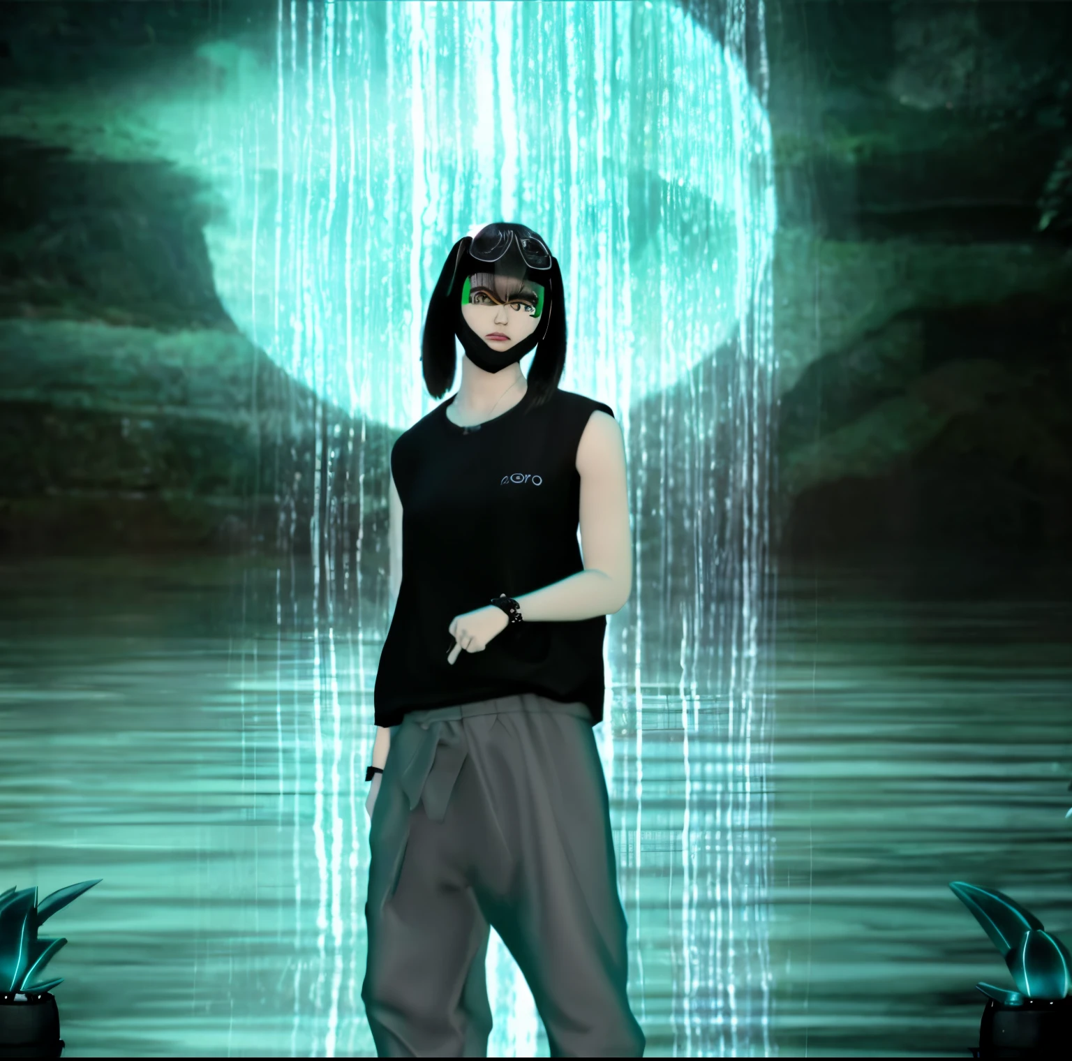 arafed man standing in front of a waterfall with a green light, second life avatar, virtual self, epic 3 d abstract emo girl, an edgy assassin, inspired by Ren Renfa, reaper of night!!!!, anime styled 3d, inspired by Itō Ogura Yonesuke, inspired by Sakai Hōitsu, imvu