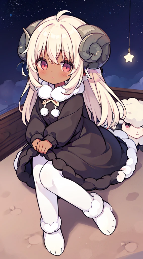 (sheep girl:1), (sheep horn:1), 1female, dark-skinned female, kemonomimi, fluffy sweaterdress, black and white clothing, fluff lining, long sandy blonde hair, pastel pink eyes, star patterns on clothing, nightsky bedroom bg, (((full body)))