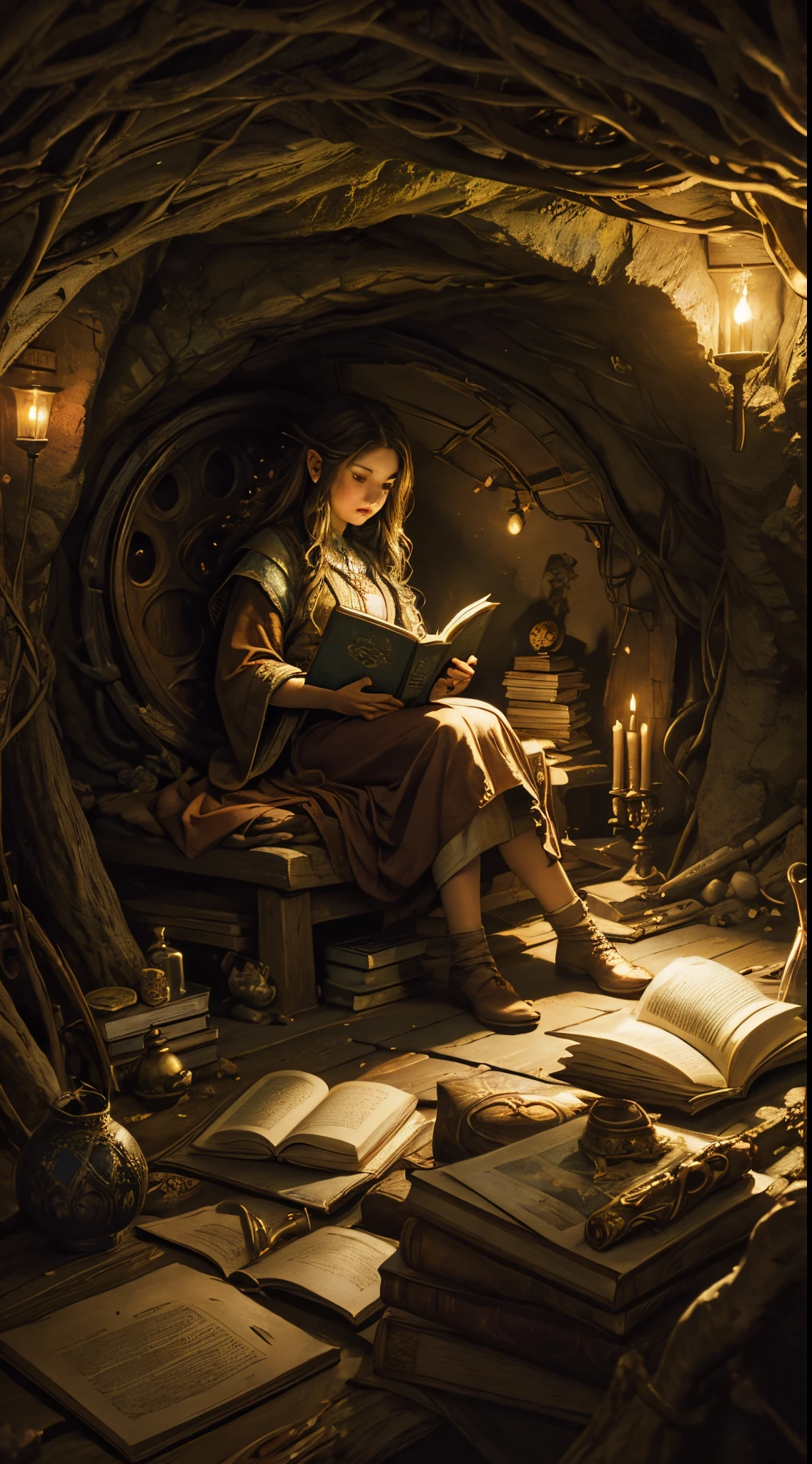 "Oil painting, ((dreamy)) girl reading ancient books, warm light ((inside a mystical hobbit cave)), magical atmosphere, whimsical clock, enchanting, cozy, detailed"