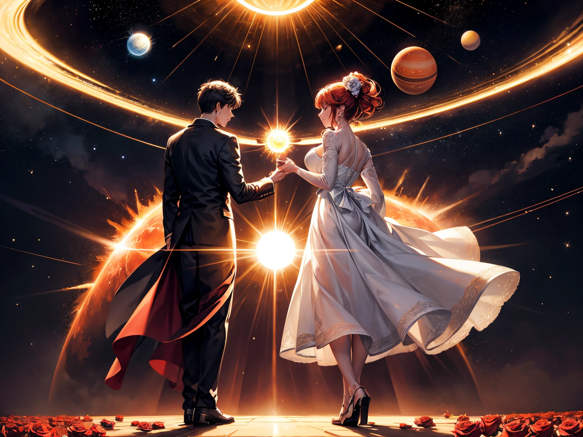 a large rose with the Sun in its center with solar flares and mass corona ejections, beautiful, around the center rose are 8 smaller roses and inside the center of each of those roses are the planets of this solar system, one planet per rose and a different planet from this solar system in each rose.