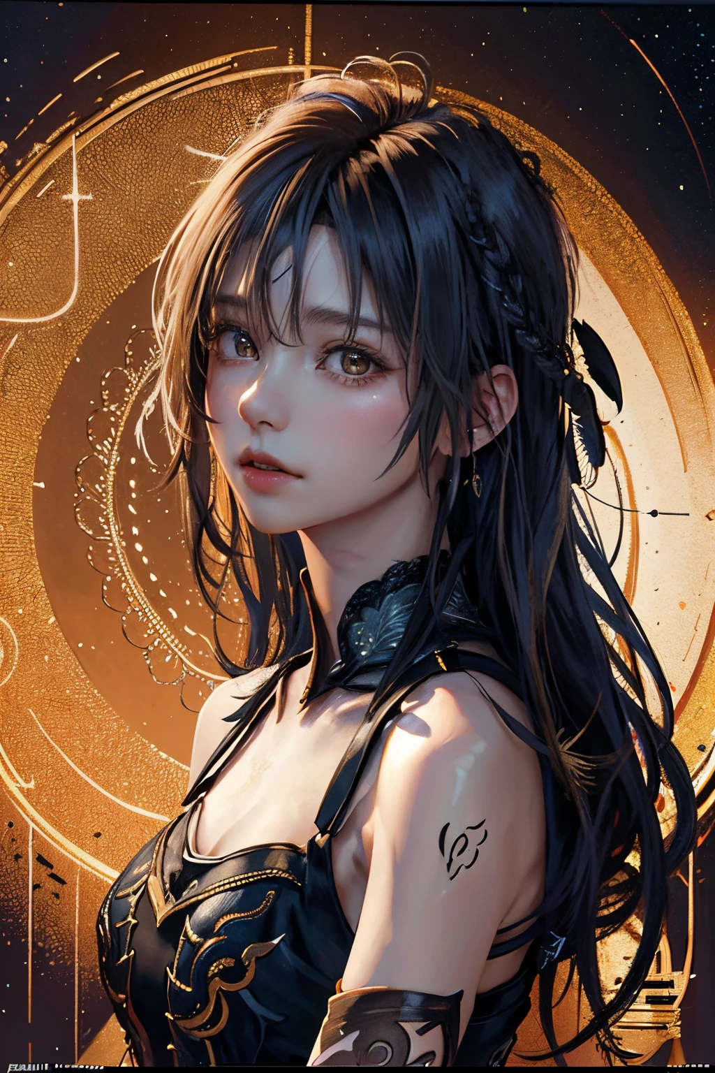 (masterpiece、top-quality、top-quality、Official art、Beautifully Aesthetic:1.2)、(1girl in)、Extreme details、colourfull、highestdetailed、Official art、Unity 8k壁纸、ultra-detailliert、Beautifully Aesthetic、Beautiful fece、masterpiece、top-quality、(Zentangle、a Mandala、Tangles、Entanglement)、Holy Light、Gold leaf art、glitter drawing、PerfectNwsjMajmagic、((shorth hair:1.7))、(Beautiful hairstyle:1.4)