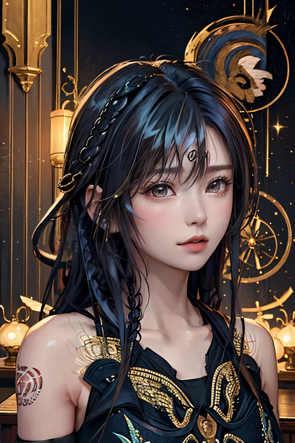 (masterpiece、top-quality、top-quality、Official art、Beautifully Aesthetic:1.2)、(1girl in)、Extreme details、colourfull、highestdetailed、Official art、Unity 8k壁纸、ultra-detailliert、Beautifully Aesthetic、Beautiful fece、masterpiece、top-quality、(Zentangle、a Mandala、Tangles、Entanglement)、Holy Light、Gold leaf art、glitter drawing、PerfectNwsjMajmagic、((shorth hair:1.7))、(Beautiful hairstyle:1.4)
