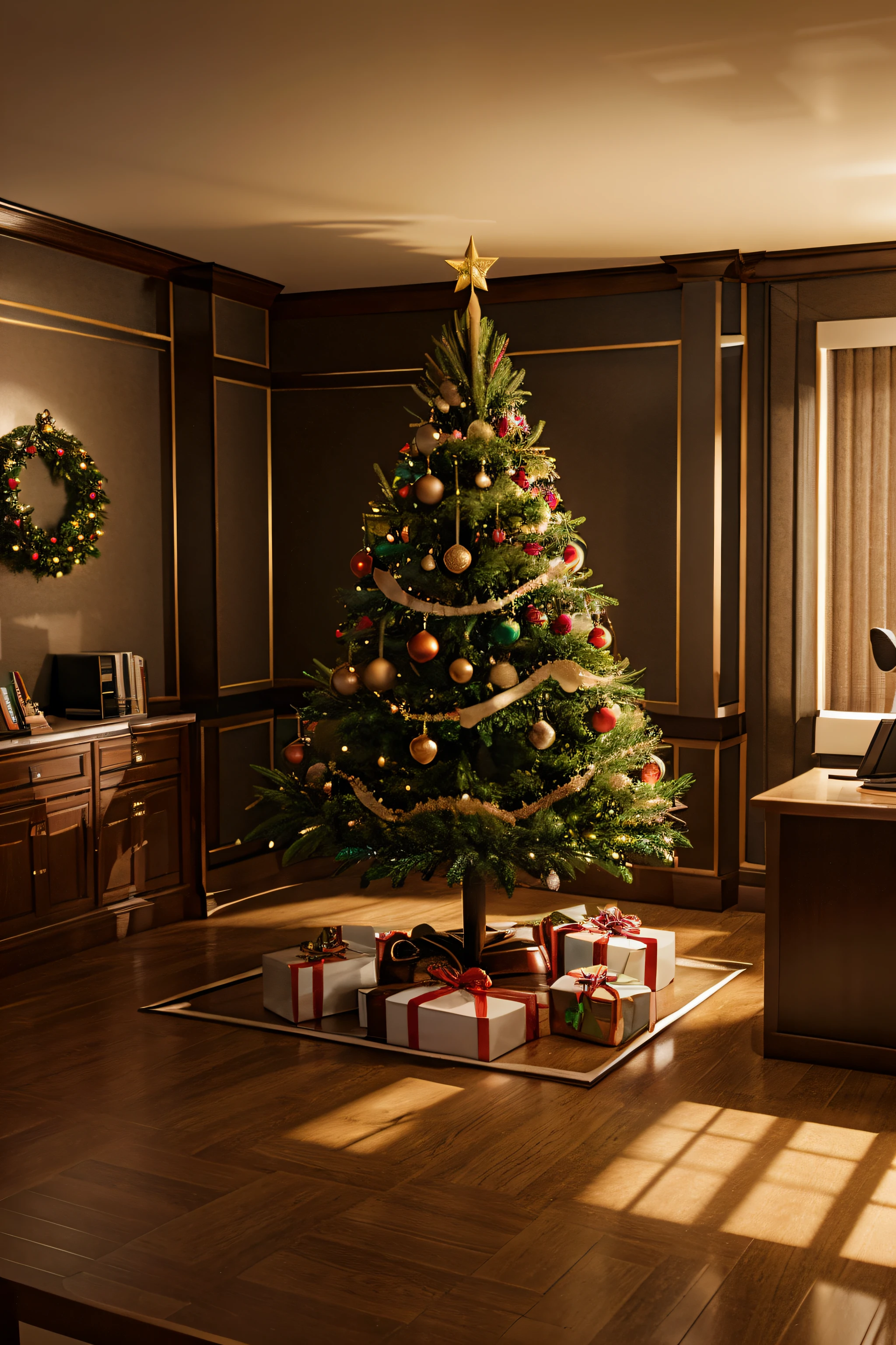 Now create a law office environment with ultra-realistic Christmas decorations, an environment without people with prominent scales of justice
