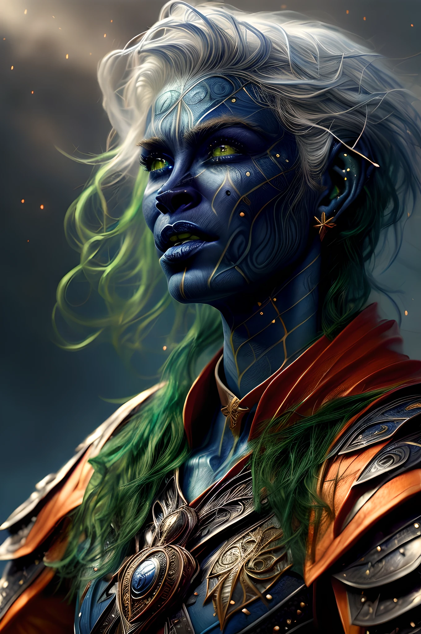 fantasy art, dnd art, RPG art, drkfntasy wide shot, (masterpiece: 1.ortrait, intense details, highly detailed, photorealistic, best quality, highres, portrait a vedalken female (fantasy art, Masterpiece, best quality: 1.3) (blue colored skin: 1.3), intense details facial details, exquisite beauty,  (fantasy art, Masterpiece, best quality)cleric, (blue colored skin: 1.3) 1person blue_skin, (white hair: 1.3), long hair, intense green eye, fantasy art, Masterpiece, best quality) armed a fiery sword red fire, wearing heavy (white: 1.3) half plate mail armor LnF wearing high heeled laced boots, wearing an(orange :1.3) cloak, wearing glowing holy symbol GlowingRunes_yellow, within fantasy temple background, reflection light, high details, best quality, 16k, [ultra detailed], masterpiece, best quality, (extremely detailed), close up, ultra wide shot, photorealistic, RAW, fantasy art, dnd art, fantasy art, realistic art