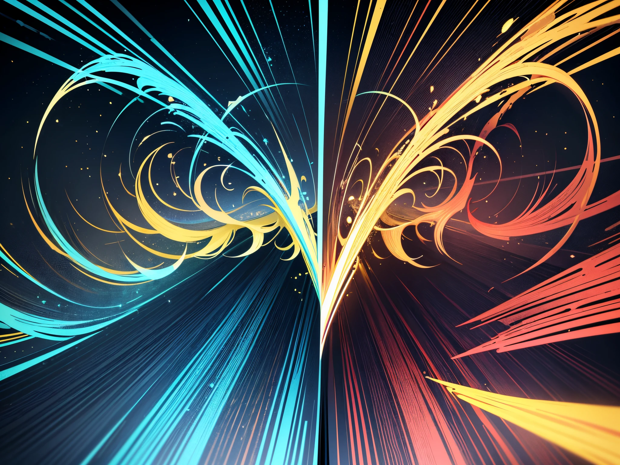 create image: 3D illustration of two atoms colliding at light speed releasing the God particle, Gold color, electric indigo color, hunter green color, navy blue color, red 256, (sharp lines), bold ink lines, strong outlines, bold traces, high contrast, (professional vector), best quality, semi-gloss colors, medium lights, medium shadows, low levels.