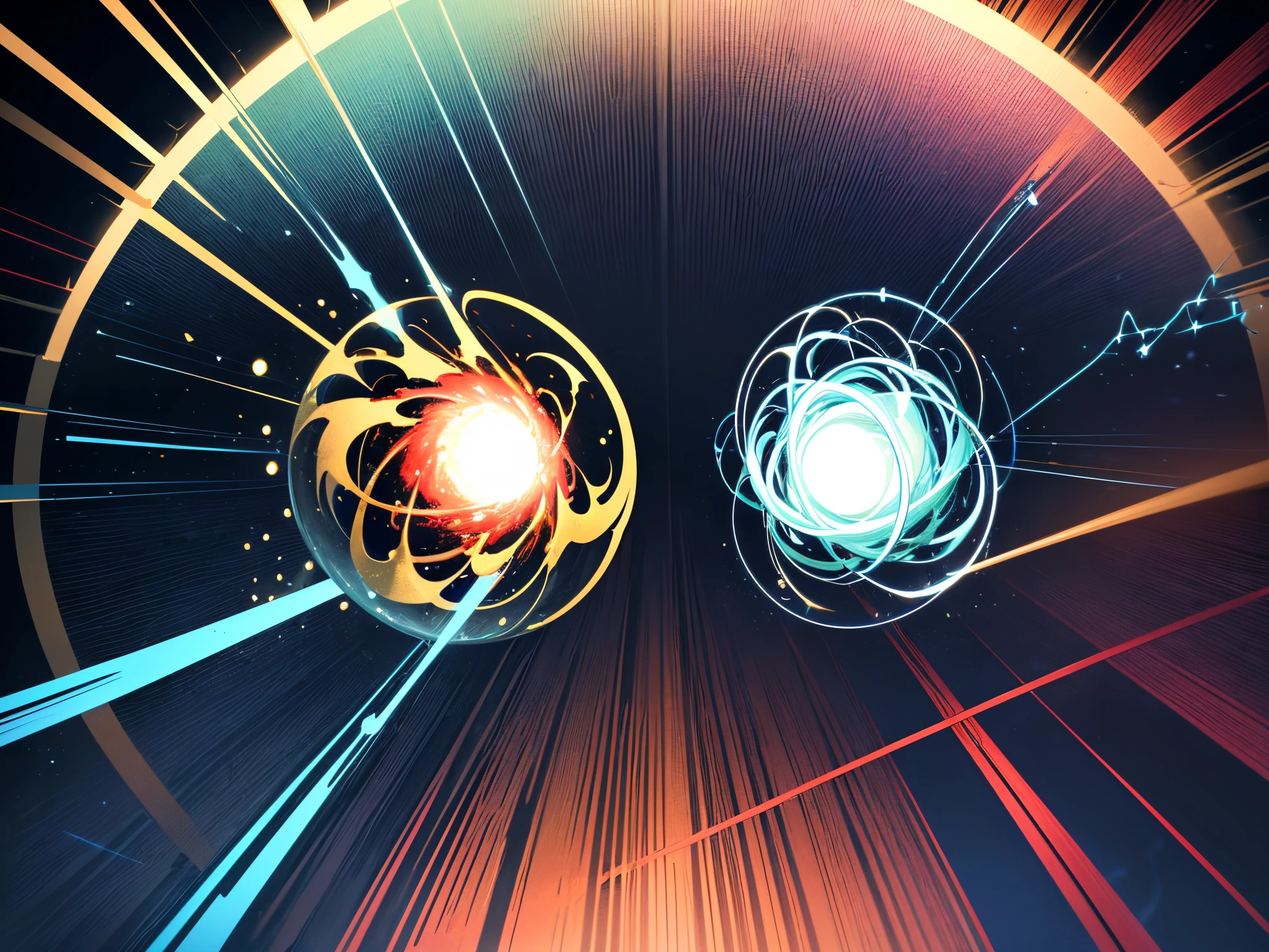 create image: 3D illustration of two atoms colliding at light speed releasing the God particle, Gold color, electric indigo color, hunter green color, navy blue color, red 256, (sharp lines), bold ink lines, strong outlines, bold traces, high contrast, (professional vector), best quality, semi-gloss colors, medium lights, medium shadows, low levels.