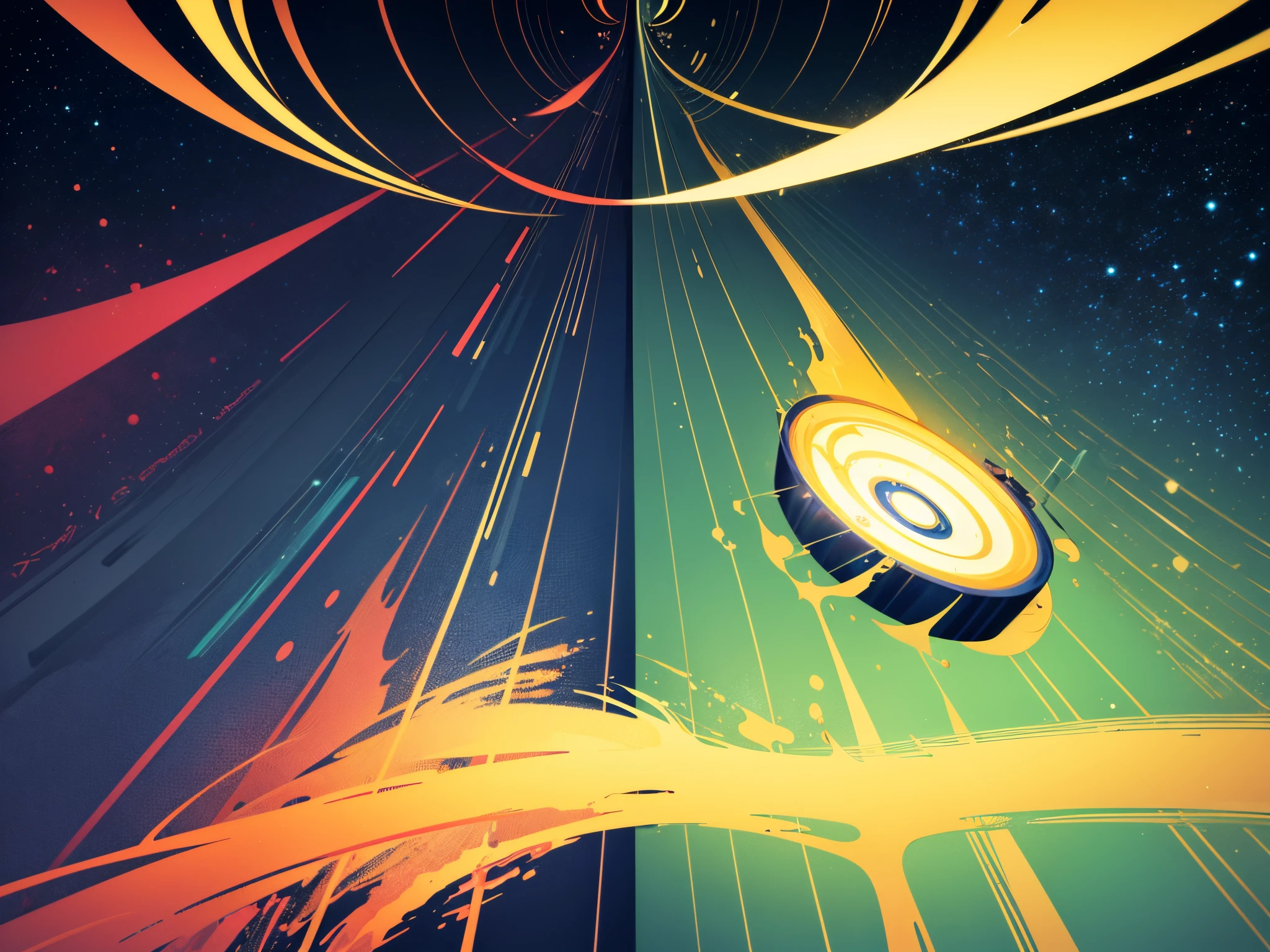 create image: 3D illustration of two atoms colliding at light speed releasing the God particle, Gold color, electric indigo color, hunter green color, navy blue color, red 256, (sharp lines), bold ink lines, strong outlines, bold traces, high contrast, (professional vector), best quality, semi-gloss colors, medium lights, medium shadows, low levels.