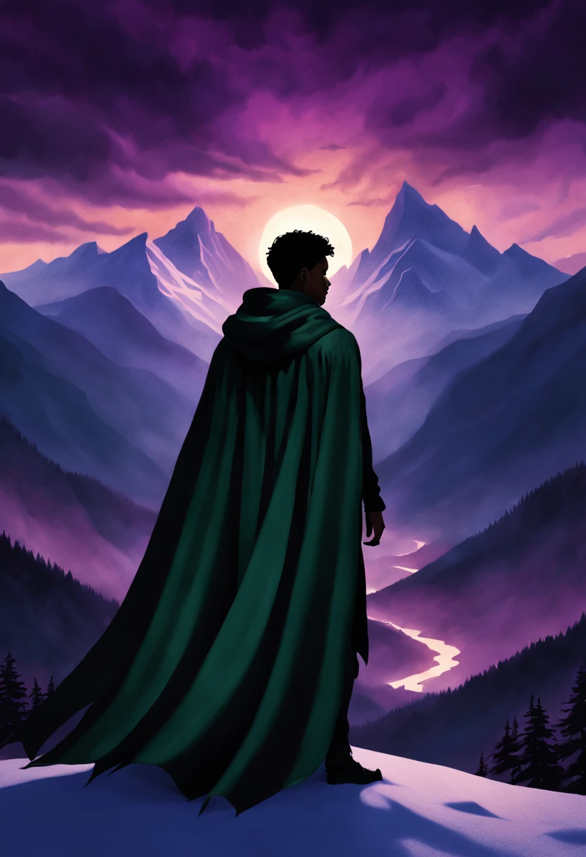surreal, dreamlike, distinctive, fantasy art, showing closeup silhouette of a dark-haired powerful brown-skinned young man wearing a dark cloak, viewed from the back, with dark ominous shadowy lighting. Vibrant rich dark-green forested mountain slopes all around him, dusk, dark purple star-filled sky just after sunset, with towering snow-capped peaks far in the background.