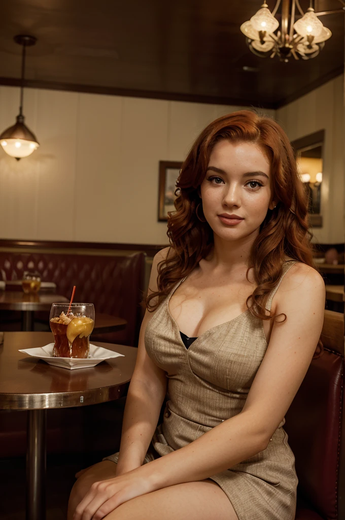 Beautiful young woman, similar to Marilyn Monroe, but fire red wavy hair, in dining clothing, casual style, sitting at a table in a restaurant, looking at the menu, high detail, warm atmosphere with enough light, hyper-realistic photography, cinematic quality, high detail