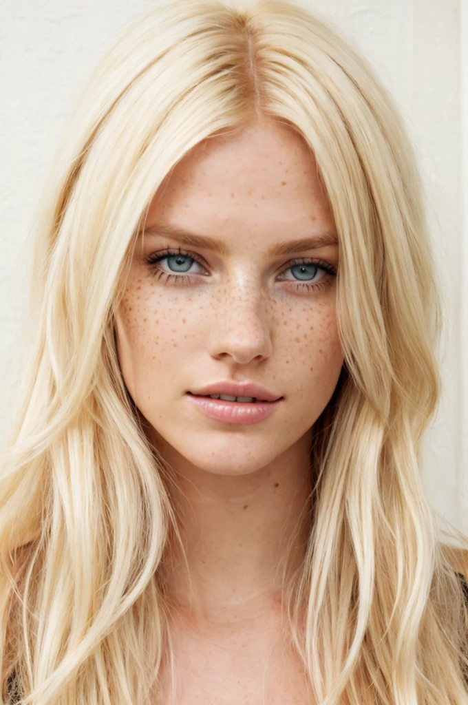 a close up of a woman with long blonde hair and freckled hair, blonde swedish woman, very light freckles, white freckles, hint of freckles, lara stone, perfect face!!!, beautiful nordic woman, perfect face!!, light freckles, beautiful blonde girl, a gorgeous blonde, perfect face ), freckles!!!, looks like britney spears, attractive female face!!!, light cute freckles