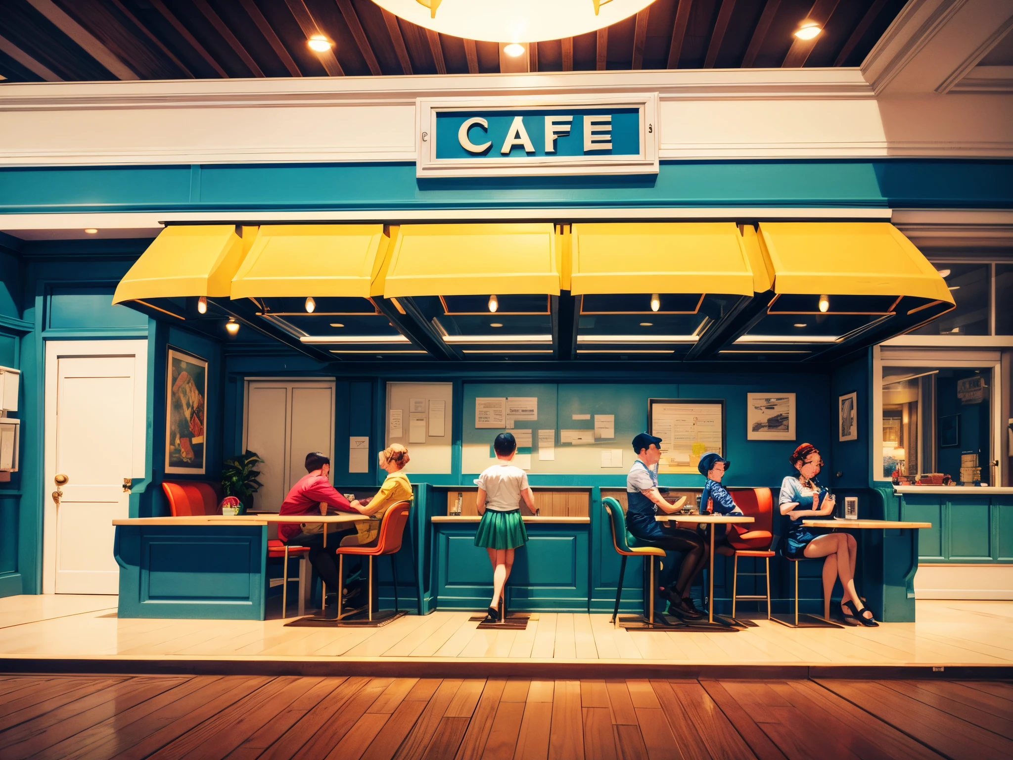 create image: 3D illustration of a 1950s retro cafe where ever table has a portal to a different time so customers can enjoy communicating with people in the past, Gold color, electric indigo color, hunter green color, navy blue color, red 256, (sharp lines), bold ink lines, strong outlines, bold traces, high contrast, (professional vector), best quality, semi-gloss colors, medium lights, medium shadows, low levels.
