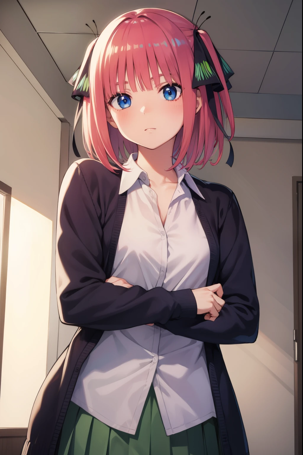 ninonakano, nino nakano, short hair, bangs, blue eyes, hair ornament, hair ribbon, pink hair, blunt bangs, two side up, butterfly hair ornament,
BREAK skirt, shirt, long sleeves, white shirt, pleated skirt, open clothes, collared shirt, sleeves past wrists, dress shirt, cardigan, green skirt, open cardigan, black cardigan,,
BREAK indoors, classroom, school,
BREAK looking at viewer, BREAK (masterpiece:1.2), best quality, high resolution, unity 8k wallpaper, (illustration:0.8), (beautiful detailed eyes:1.6), extremely detailed face, perfect lighting, extremely detailed CG, (perfect hands, perfect anatomy),