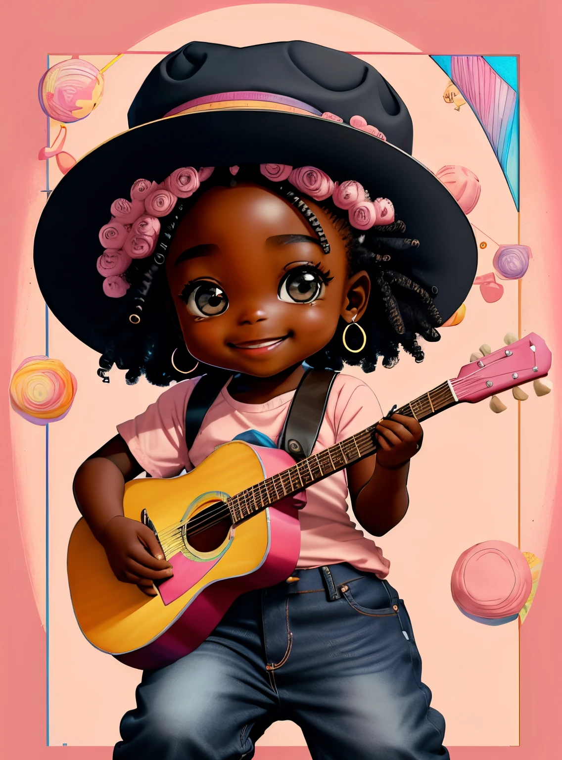 (cute black baby girl smiling with jeans and a pink hat playing a guitar), Munchkin ,Geometric multidimensional wall portrait, livro de arte, Tchibi,
Yang08k, Beautiful, Colouring,
Obras, of the highest quality, best quality, Arte Oficial, Beautiful and Aesthetic,