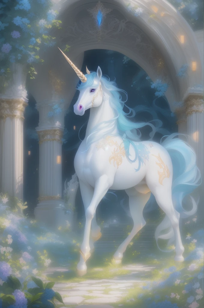 There is a white unicorn girl, blue mane and long mane, white unicorn, unicorn, unicorn horns, A unicorn, celestia, Nine stories, blue unicorn, soft dreamy, cinematic light《fangs》Unicorn in, mythological creatures, a mythical creature, Pokémon illustration, unicorns, a glaceon princess, Auroracore, ghostly iridescent, image good for rendering, unicorn girl, full body.