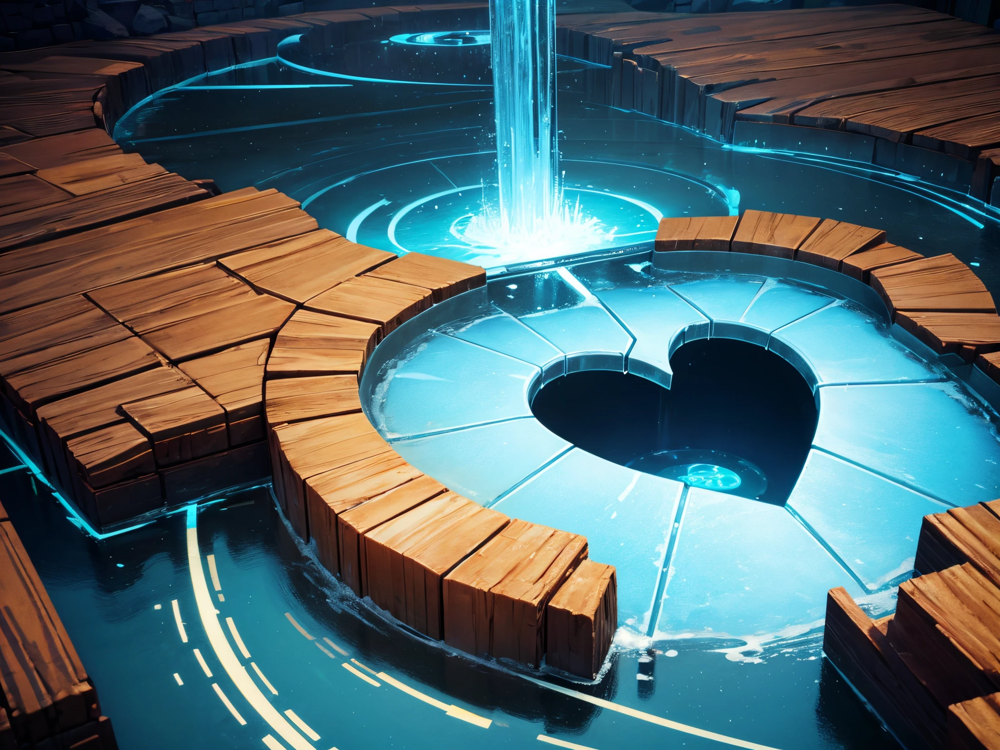 3D illustration of a cold desolate planet with a large 3D heart shaped portal where through the portal is a beautiful garden of roses covered in dew in the morning sun, Gold color, electric indigo color, hunter green color, navy blue color, red 256, (sharp lines), bold ink lines, strong outlines, bold traces, high contrast, (professional vector), best quality, semi-gloss colors, medium lights, medium shadows, low levels.