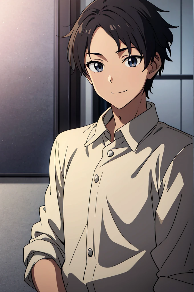 1boy,(cool and cute boy),Naive athletic boy、unique natural man、Feeling for friends、Light brown skin, grey eyes, Black hair、eyesight、eyes with vitality、Wear thick clothes、enjoyably、Take it easy、free and、Bright smile、hobbies are important、slim figure、Well-intentioned、fortunate、Strong luck、bad luck、many bad friends、creation、dust particles、 natural soft light、Strongest configuration、 smooth anime cg art、Anime Art、cell anime illustration、Punctuality、{Highly detailed and anatomically correct}