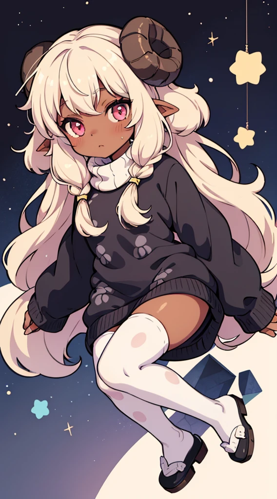 (sheep girl:1), (sheep horn:1), 1female, dark-skinned female, kemonomimi, fluffy sweaterdress, black and white clothing, fluff lining, long sandy blonde hair, pastel pink eyes, star patterns on clothing, nightsky bedroom bg, (((full body)))