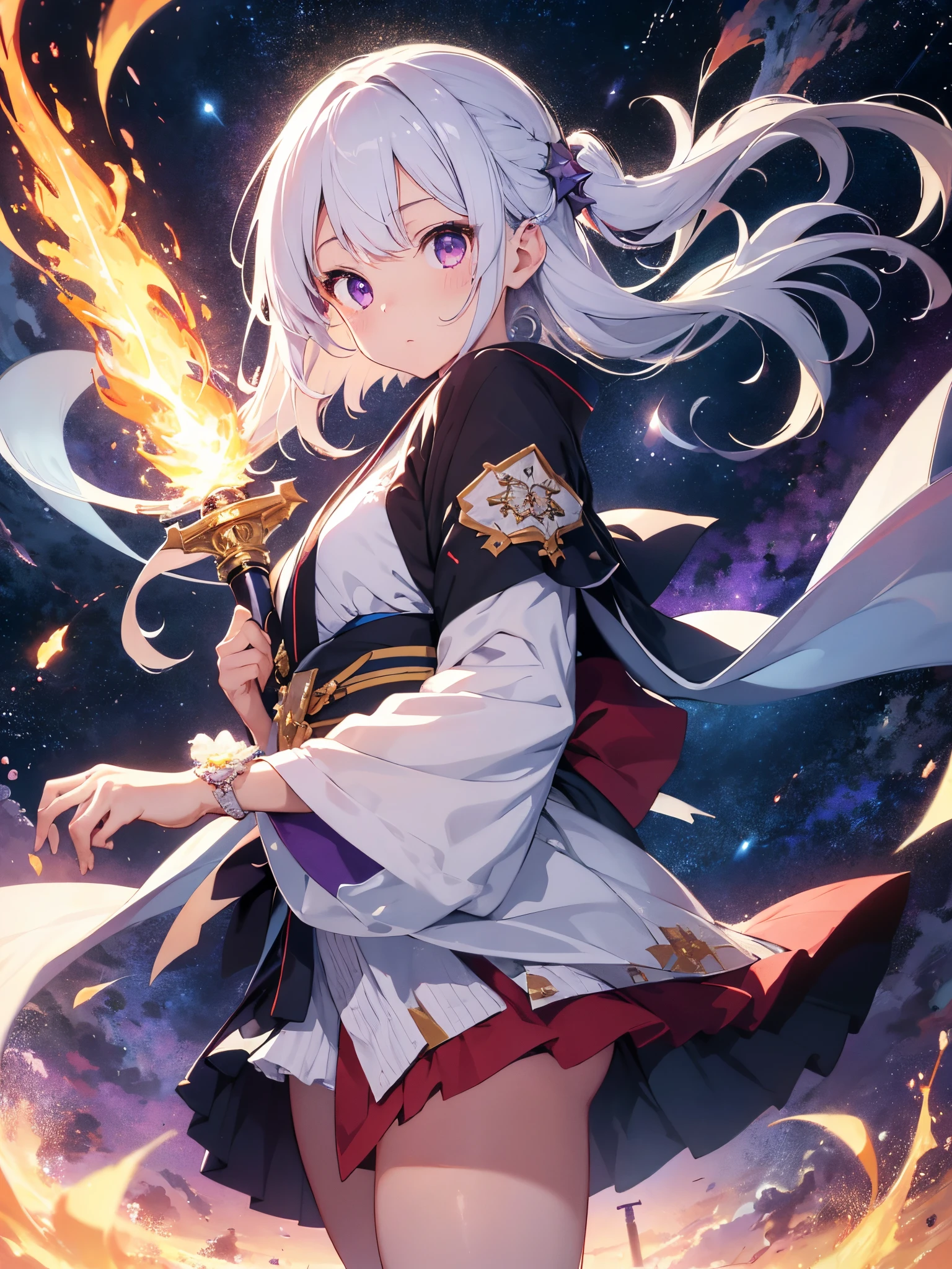 top-quality、Top image quality、masterpiece、girl with、Beautifully shining stars々Glowing cosmic background、、Girl in Japanese style kimono、Rise up with a shining sword、Fantastic and beautiful、white hair、Bob Hair、Long sideburns、a purple eye、Mainly exhibiting Swordling the Sword Forward、The tip of a sword blazing with flames