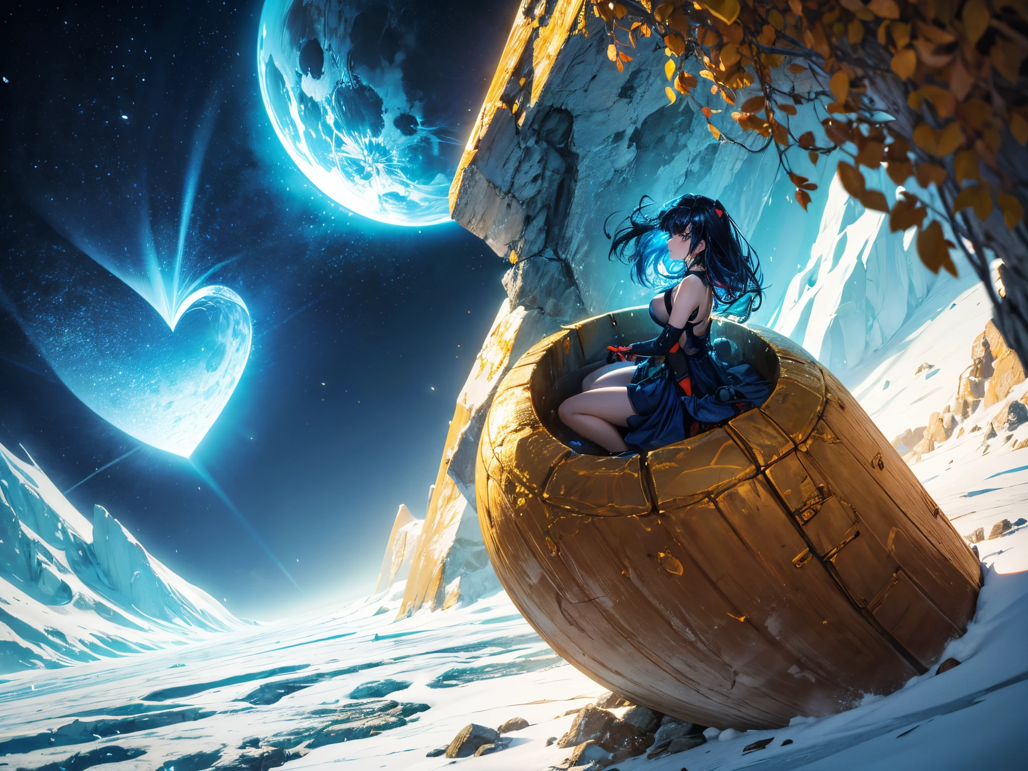 3D illustration of a cold desolate planet with a large 3D heart shaped portal where through the portal is a beautiful garden of roses covered in dew in the morning sun, Gold color, electric indigo color, hunter green color, navy blue color, red 256, (sharp lines), bold ink lines, strong outlines, bold traces, high contrast, (professional vector), best quality, semi-gloss colors, medium lights, medium shadows, low levels. enormous tits