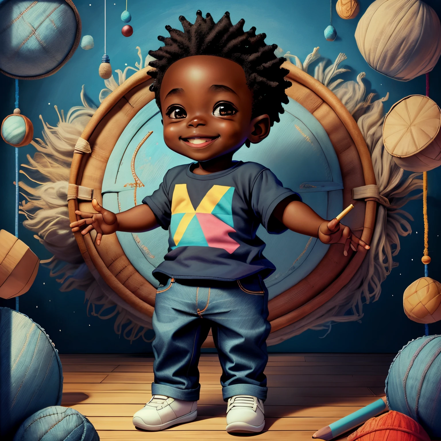 (cute black baby boy smiling with jeans playing a drum), Munchkin ,Geometric multidimensional wall portrait, livro de arte, Tchibi,
Yang08k, Beautiful, Colouring,
Obras, of the highest quality, best quality, Arte Oficial, Beautiful and Aesthetic,