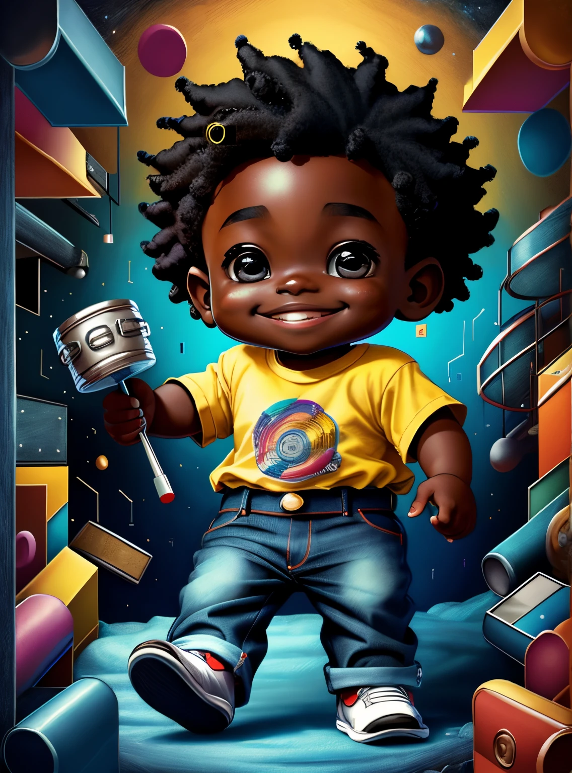 (cute black baby boy smiling with jeans playing a battery drum), Munchkin ,Geometric multidimensional wall portrait, livro de arte, Tchibi,
Yang08k, Beautiful, Colouring,
Obras, of the highest quality, best quality, Arte Oficial, Beautiful and Aesthetic,