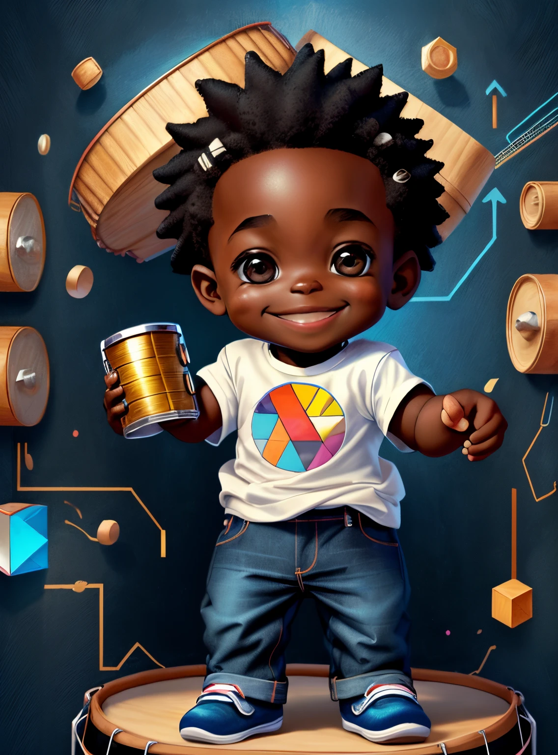 (cute black baby boy smiling with jeans playing a battery drum), Munchkin ,Geometric multidimensional wall portrait, livro de arte, Tchibi,
Yang08k, Beautiful, Colouring,
Obras, of the highest quality, best quality, Arte Oficial, Beautiful and Aesthetic,