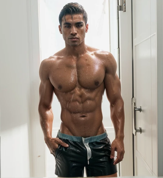 master part, best quality, altamente detalhado , ( 1 negro lindo) , agarrando virilha, Macho, Rosto redondo, peito peludo, restolho, ( cabelo sal e pimenta ) , colar, ( not shirt ) , (( shorts curtos apertados roxos, wet shorts )), sexy, Glamour, malcriado, sedutor, pouty lips, vigoroso, Large intricate hazel eyes, looking-into-camera , (( Brasil )) , ( pacote grande ) , hard bulge , perfect hands , pernas sobressalentes, Twilight, Morcegos, teias de aranha, dia das bruxas , cinematic render , Pixel Art , HDR , UHD , 32k