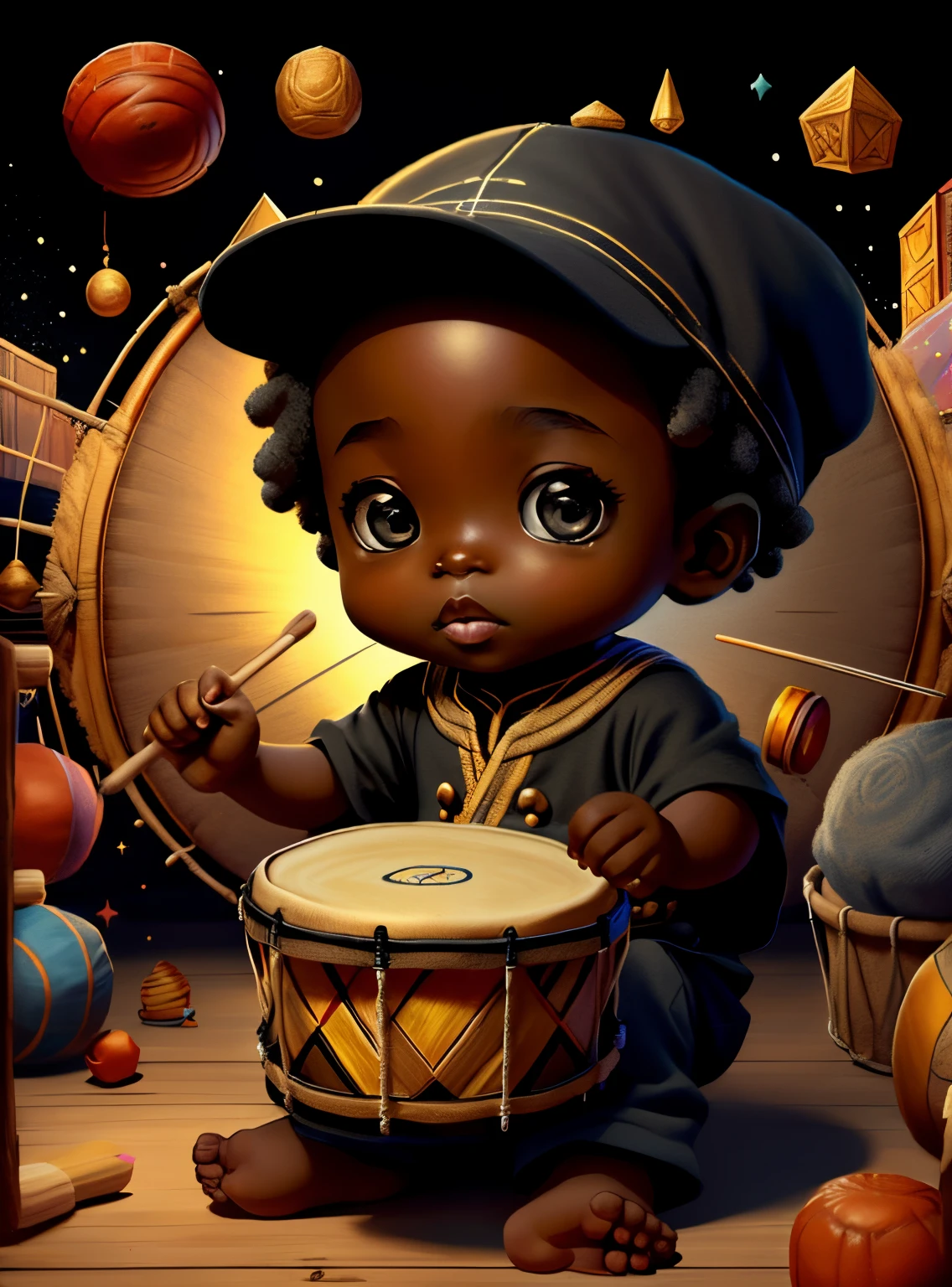 (cute black  playing a drum with a cap), Munchkin ,Geometric multidimensional wall portrait, livro de arte, Tchibi,
Yang08k, Beautiful, Colouring,
Obras, of the highest quality, best quality, Arte Oficial, Beautiful and Aesthetic,