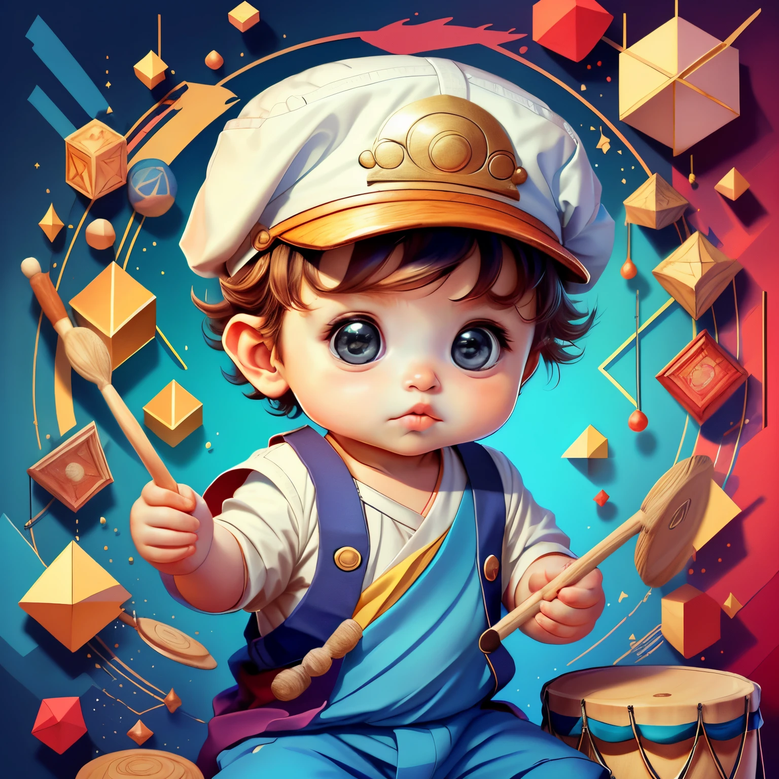 (cute baby boy playing a drum with a cap), Munchkin ,Geometric multidimensional wall portrait, livro de arte, Tchibi,
Yang08k, Beautiful, Colouring,
Obras, of the highest quality, best quality, Arte Oficial, Beautiful and Aesthetic,