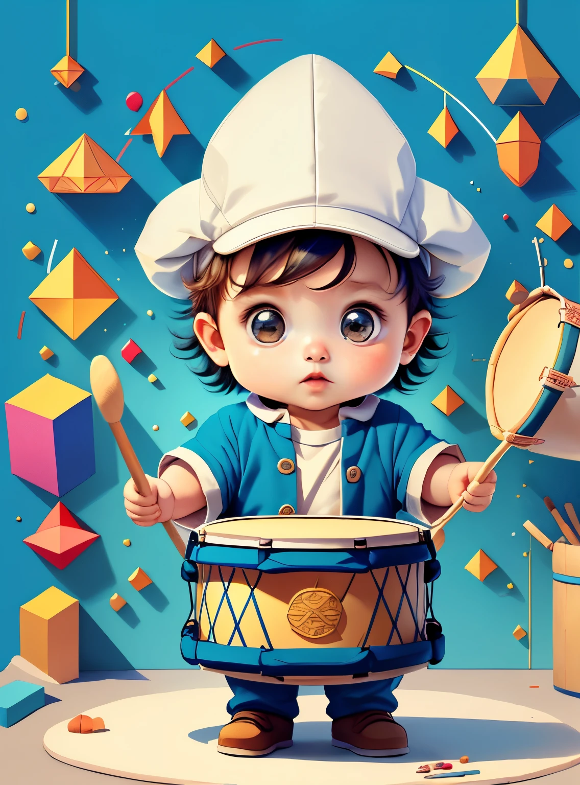 (cute baby boy playing a drum with a cap), Munchkin ,Geometric multidimensional wall portrait, livro de arte, Tchibi,
Yang08k, Beautiful, Colouring,
Obras, of the highest quality, best quality, Arte Oficial, Beautiful and Aesthetic,