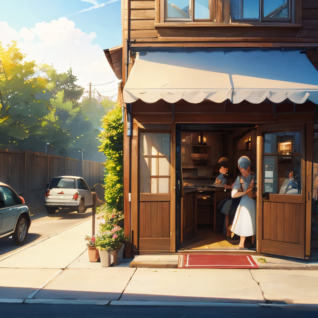 An  sister prepares to open a bakery while bathing in the morning sun.