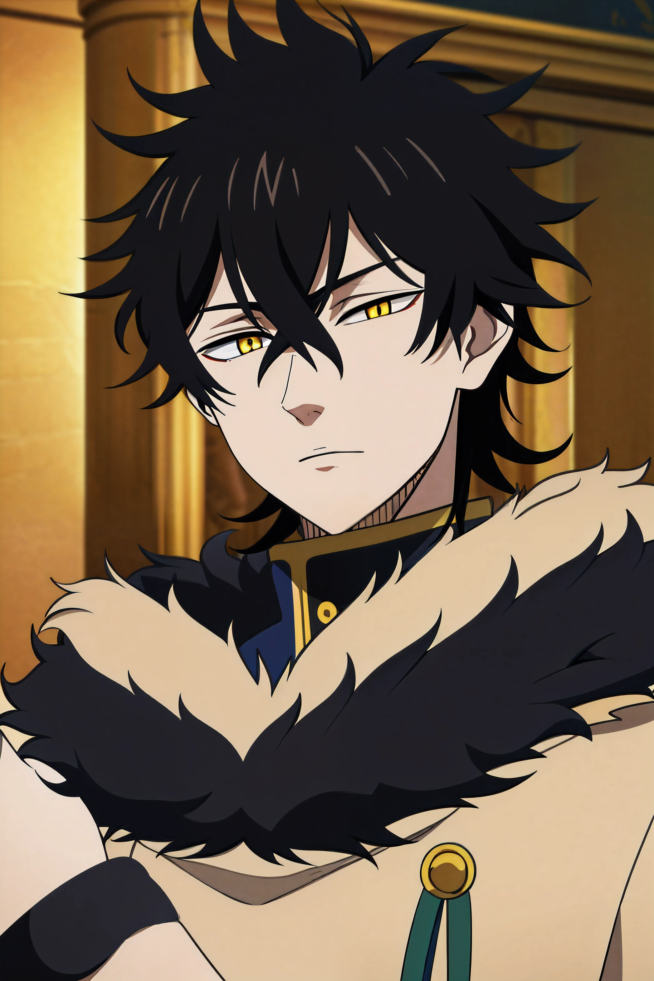 masterpiece, best quality, high quality, 1boy, solo, male focus, looking at viewer, upper body, yuno, black hair, yellow eyes, hair between eyes, fur trim,