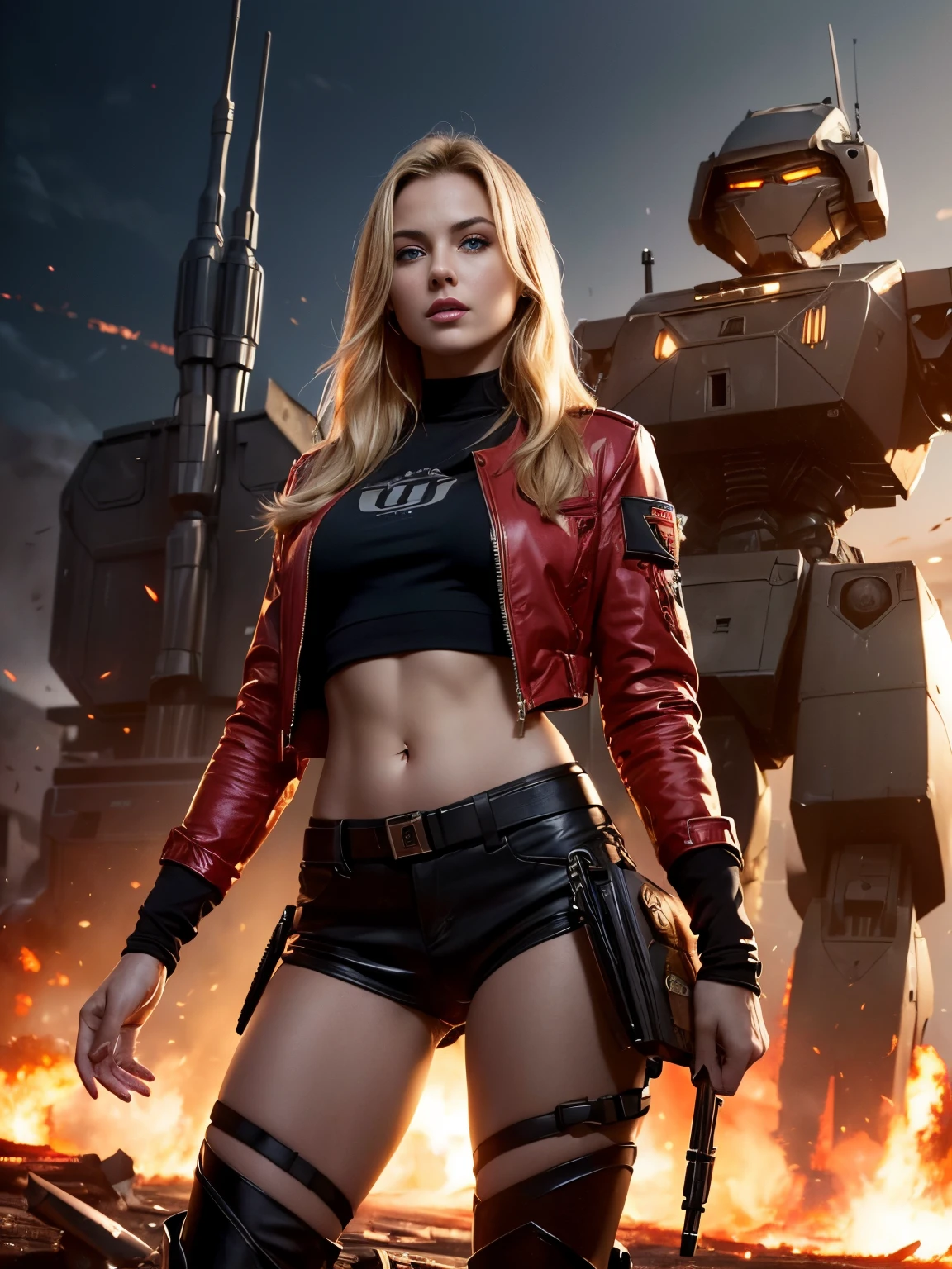 (Ultra high-definition imageidelity :1.2),Realistic,High quality,Movie Light, full body, 1 gorgeous european blonde woman, (stands in front of a giant war robot:1.3),she wears red shorts and black jacket, flirts with camera
