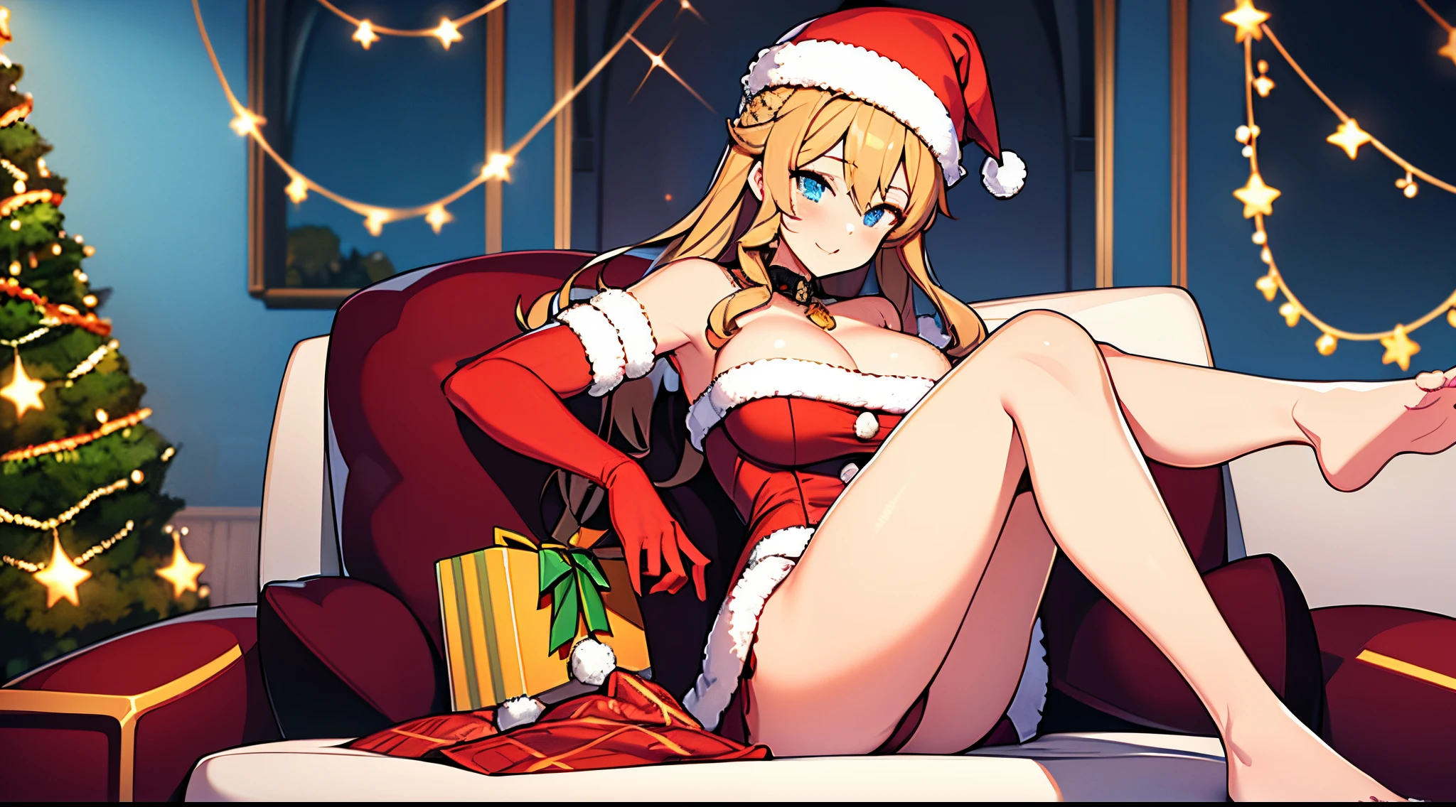 Masterpiece, best quality, 1girl, Navia,  santa, santa hat, large breast, bare shoulds, long red gloves, self-open santa costume, sexy legs, bare legs, sitting, santa couch, christmas tree, christmas decoration and lights, gifts, sitting sexy pose, x-cross legs, pink lips, looking at viewer