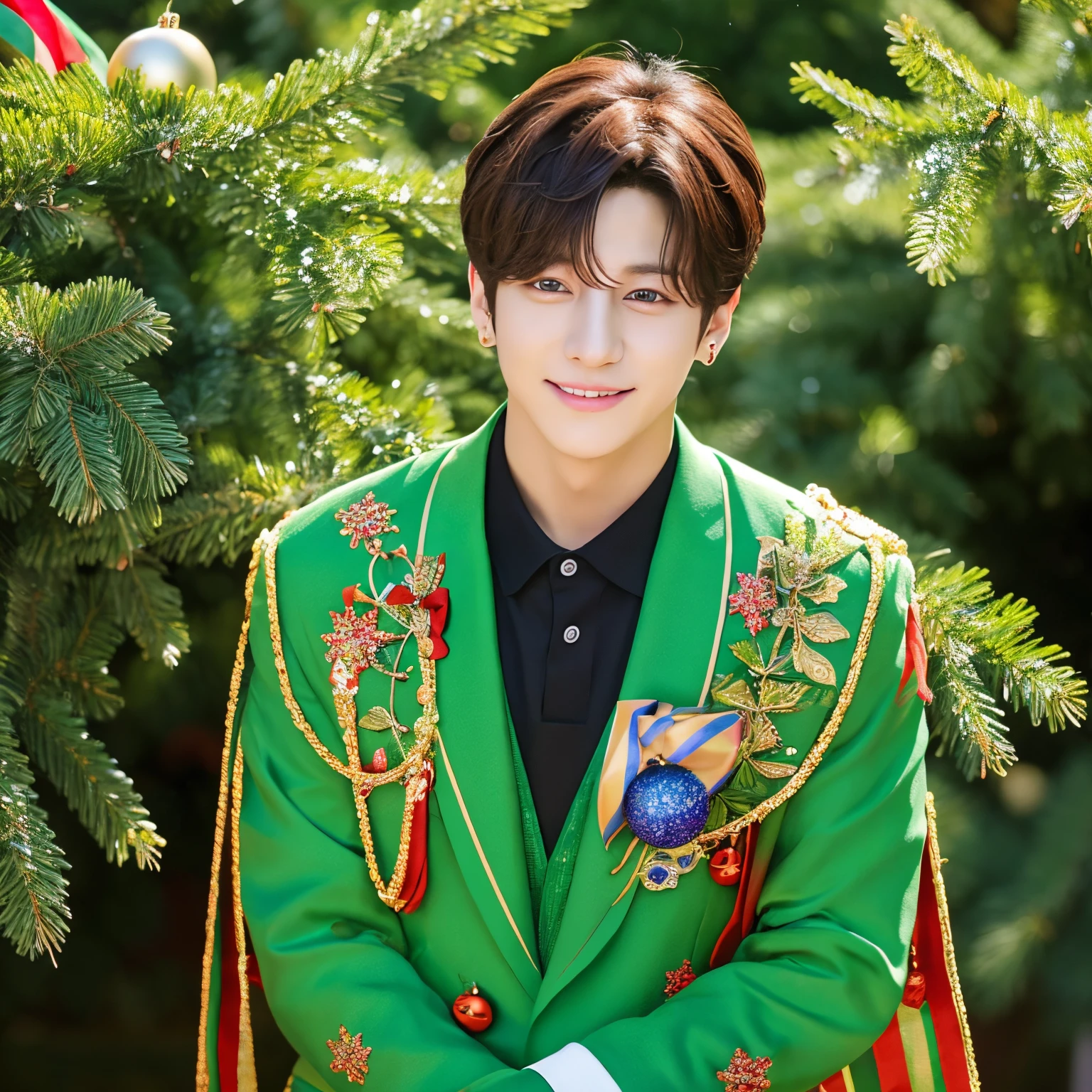 Create a picture of Jungkook from bts as a green-suited Christmas elf