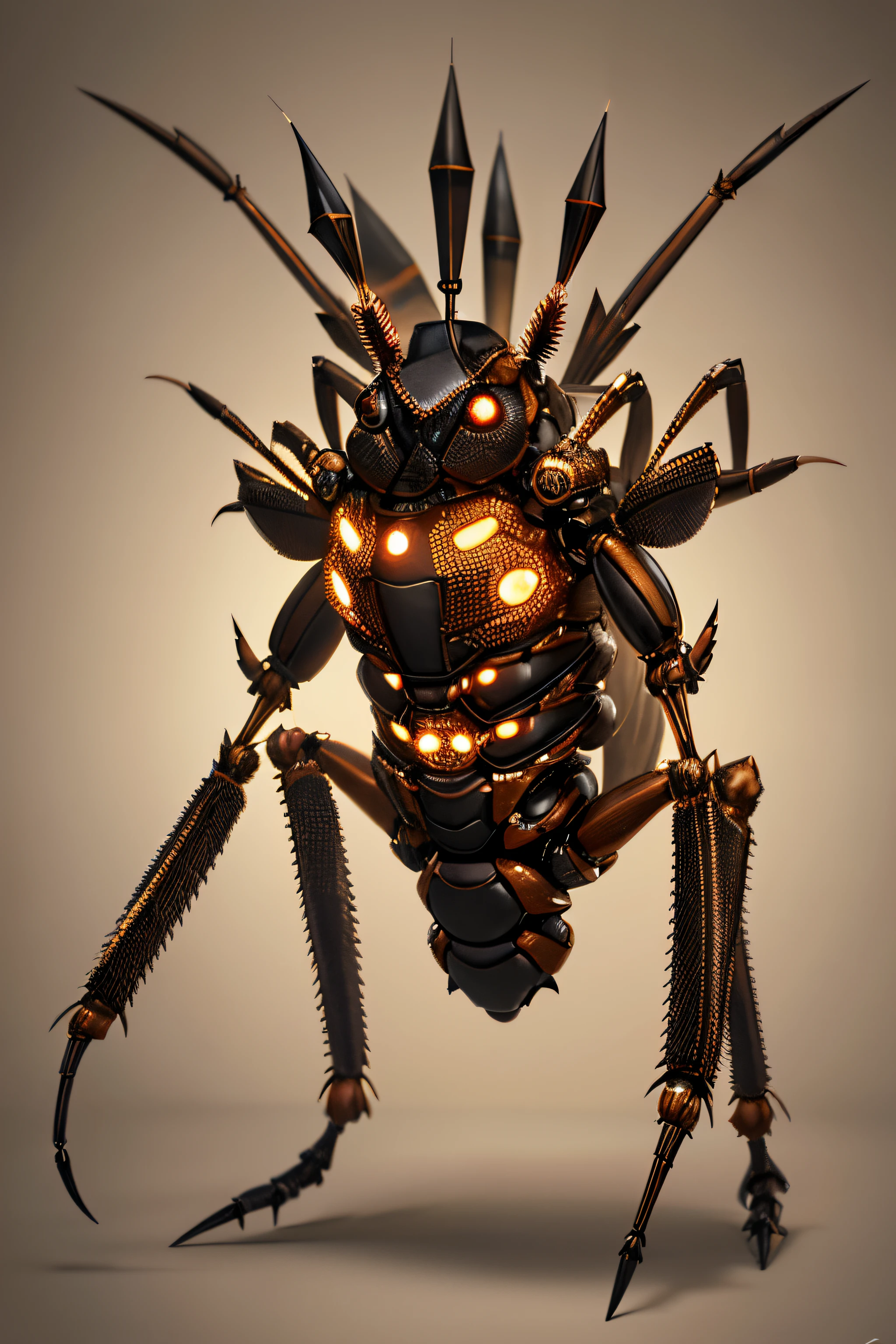 Full body (best quality,4k,8k,highres,masterpiece:1.2),portrait, sharp focus, physically-based rendering, extreme detail description
A giant cockroach humanoid stands in the center of the image, taking up the full body frame. Its grotesque exoskeleton is intricately detailed, with every segment, spiky leg, and antenna carefully depicted. The eyes of the cockroach humanoid are large, multifaceted orbs that glimmer with an eerie, otherworldly glow. Its bizarre body is a mix of shiny chitin and pulsating, veiny flesh, giving it an unsettling appearance.
The image is rendered with the highest quality, ensuring every minute detail is visible. The texture of the cockroach humanoid's exoskeleton is realistically portrayed, showcasing the intricate patterns of ridges and grooves. The lighting effects create a sense of depth and realism, with highlights and shadows accurately depicting the shape and form of the creature. Full Body
