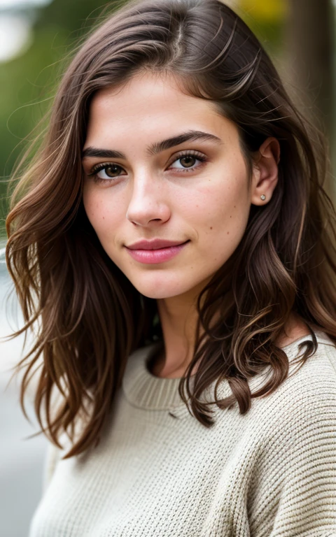 beautiful brunette wearing light beige sweater, very detailed, 21 years old, innocent face, natural wavy hair, brown eyes, high resolution, masterpiece, best quality, intricate details, highly detailed, sharp focus, detailed skin, realistic skin texture, texture, detailed eyes, professional, 4k, charming smile, shot on Canon, 85mm, shallow depth of field, kodak vision color, perfect fit body, extremely detailed, foto_\(ultra\), photorealistic, realistic, post-processing, maximum detail, roughness, real life, ultra realistic, photorealism, photography, 8k uhd, photography