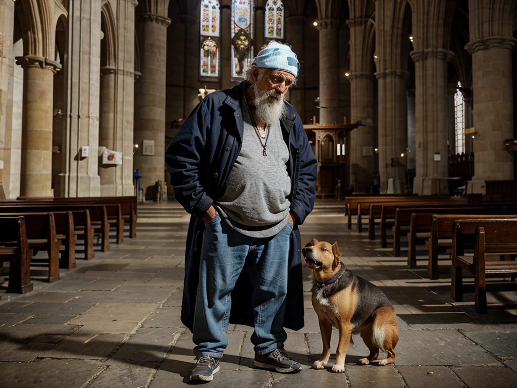 A 60-year-old homeless man standing with his hands in his pockets in the background of a cathedral and a dog next to him in 4K quality