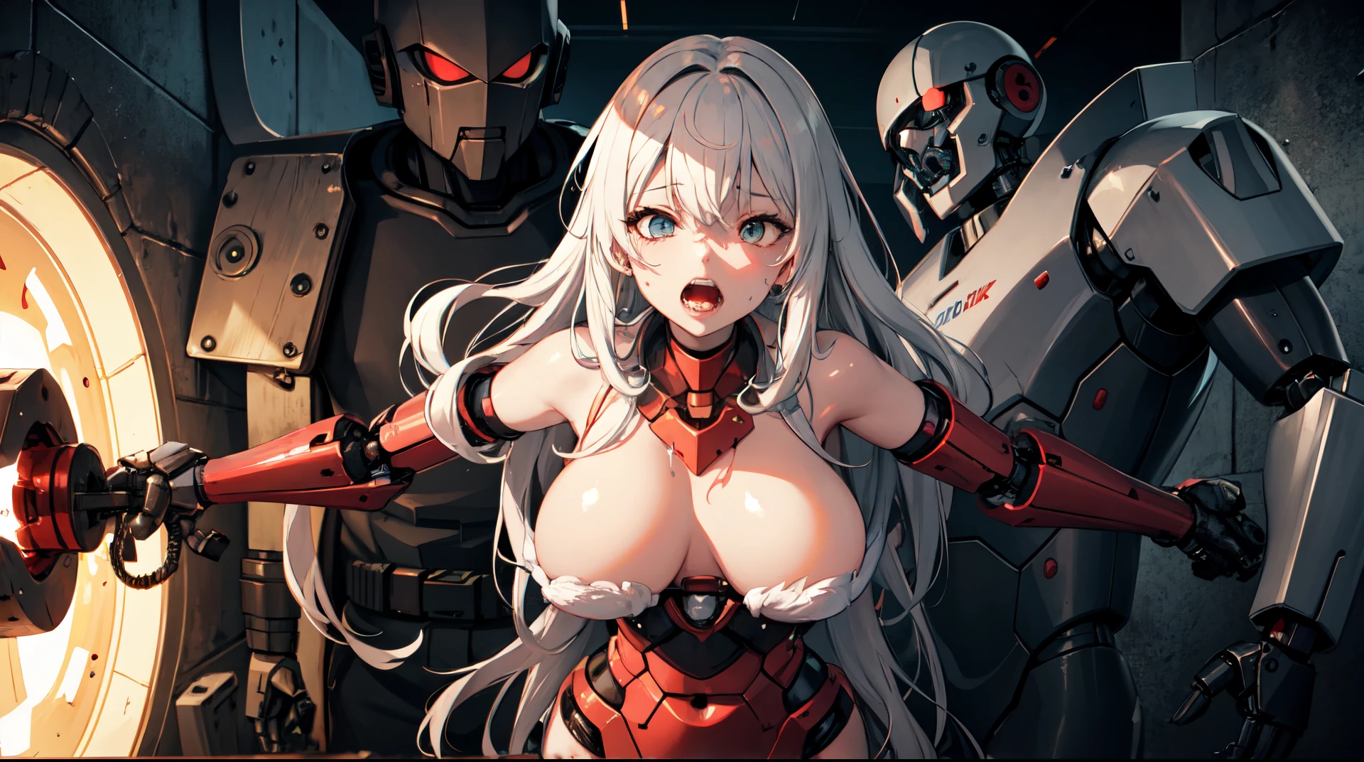 zombie young girl, furiously and greedily tearing the robot's flesh, tearing it into pieces, stripping the robot's body parts. postapocalypse.
