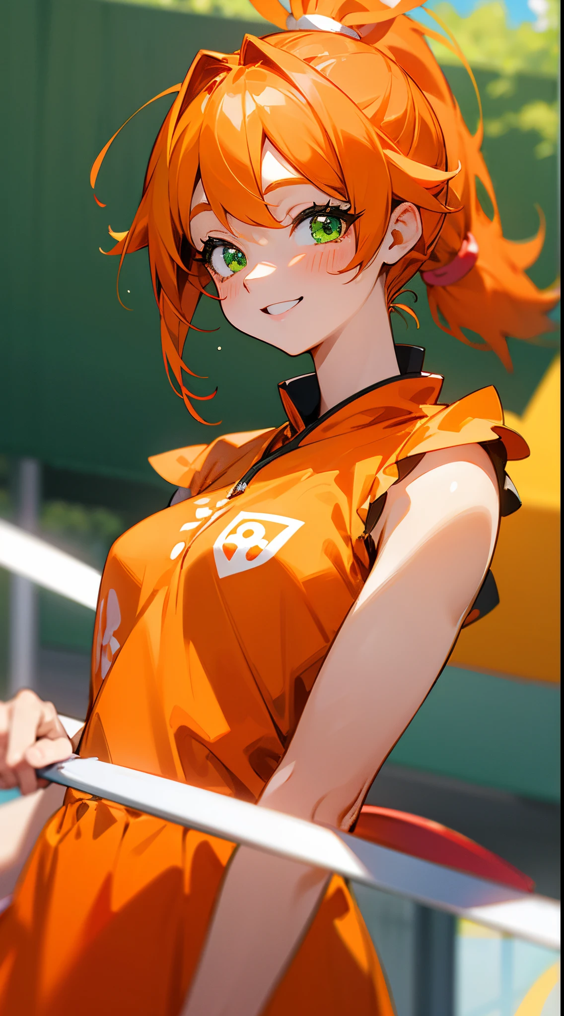 1 人、Competing Art、Orange clothes、looking at the viewers、Orange hair、Pony tail、Beautiful green eyes、A smile、Laugh、theme park、shrimp mascot、upper body close - up