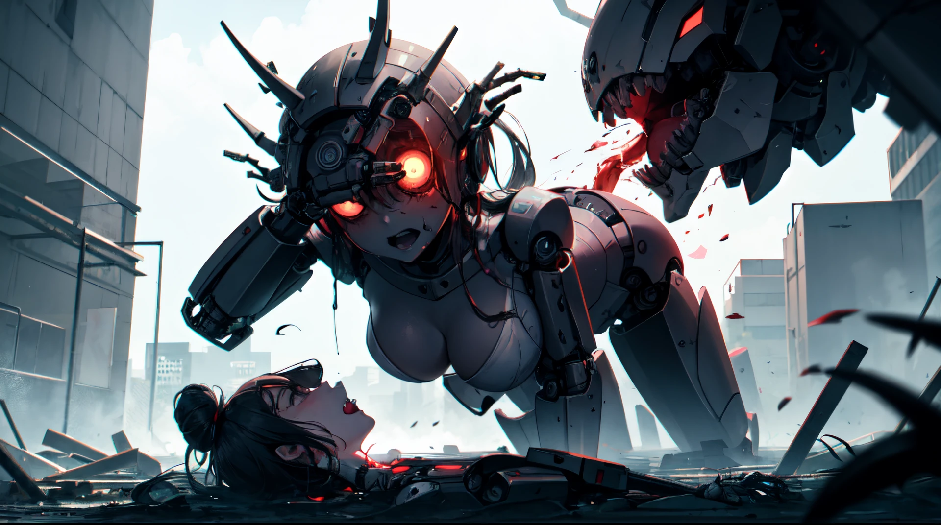 zombie young girl, furiously and greedily tearing the robot's flesh, tearing it into pieces, stripping the robot's body parts. postapocalypse.