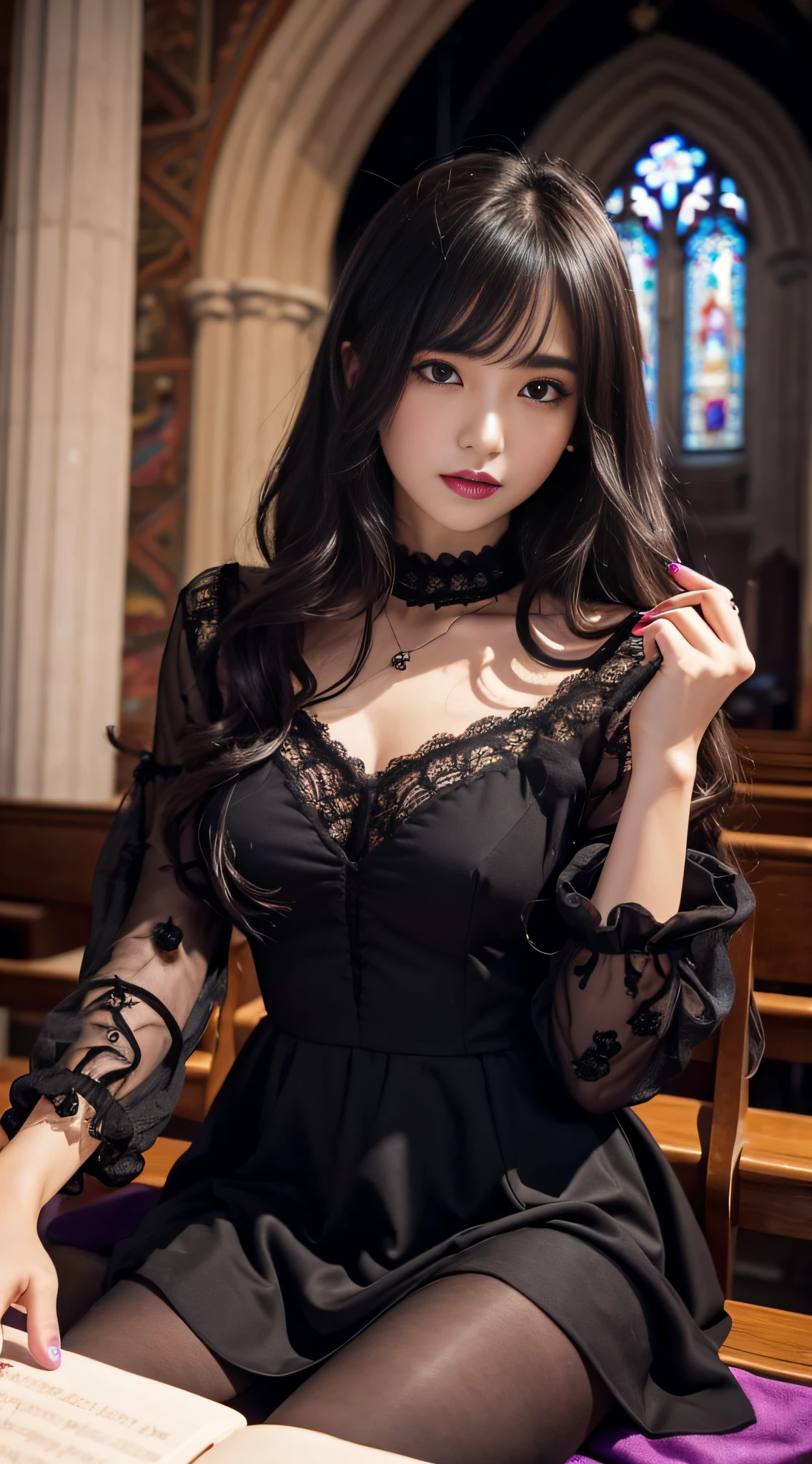 LTRA Details、Fascinating beauty、Dainty woman、Cool Girl、Wavy Hair、Black chiffon dress、Wide sleeves、flered skirt、Black pantyhose、Evil Female Executive、Evil Fall、brainwash、lacy fabric、Glossy legs、black lipstick、Evil look、Suspicious look、Hollow eyes、wicked、Reaching out、Arms up、in a dark pub
